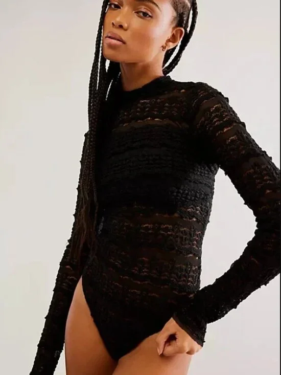 Free People Angelina Bodysuit Black Mock Neck Lace Sheer Cutout Top XL