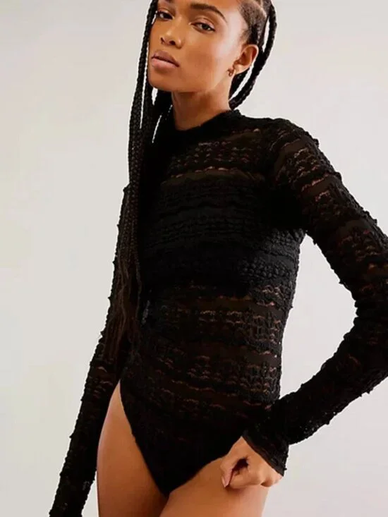 Free People Angelina Bodysuit Black Mock Neck Sheer Top XS