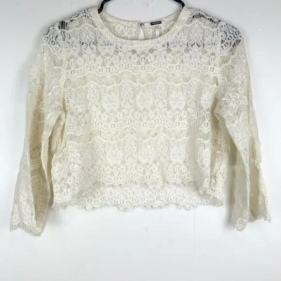 Free People Blouse Top Ivory Romantic Cropped Lace Fairycore Cottagecore, Medium