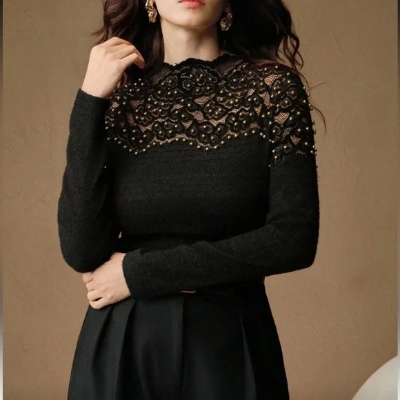 Elegant Black Lace Top with Gold Accents