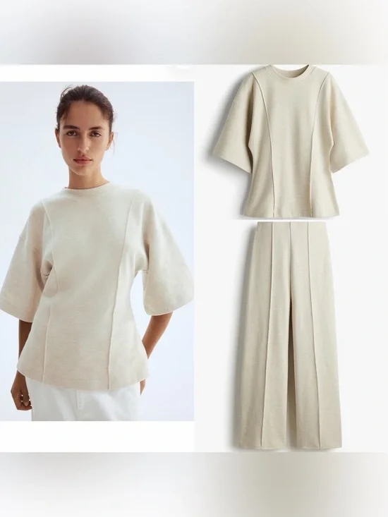 H&M 2 piece matching lounge SET cinched Cream Structured Knit Top & pants