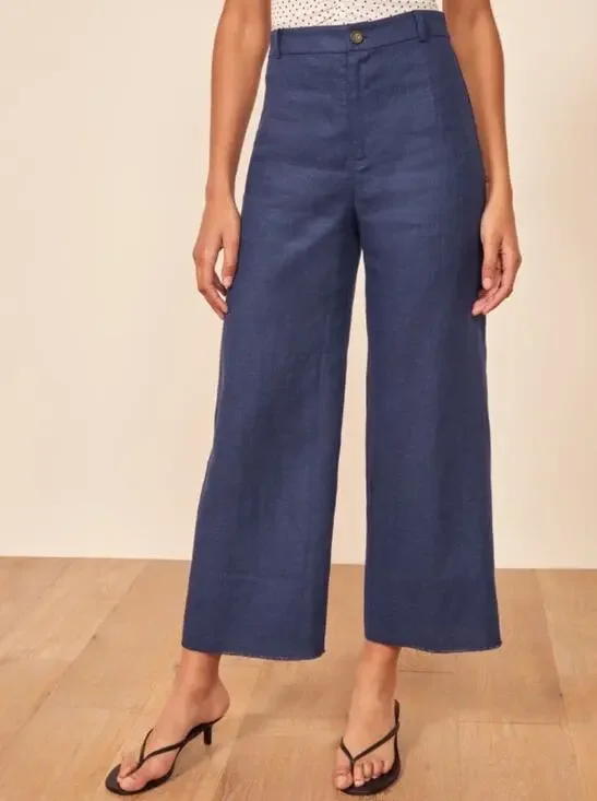 Reformation 0 blue linen wide leg raw hem pants