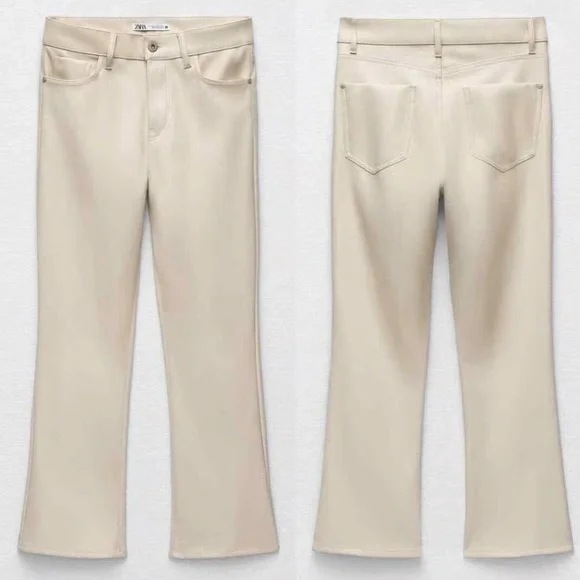 Zara NWT semi cropped kick flare faux leather cream ivory pants - SIZE 6