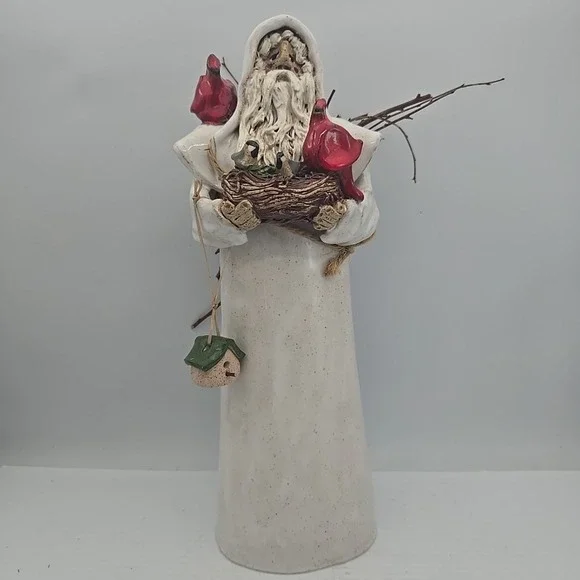 Tall White Coat Santa‎ Holding Cardinals And Bird Nest