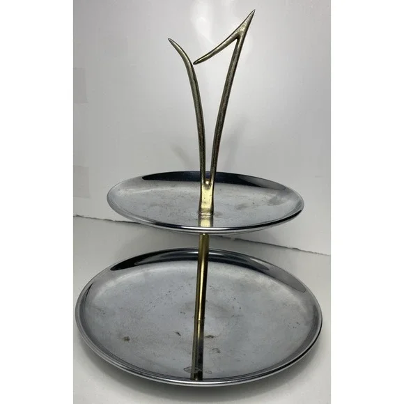 Vintage Kromex MCM 2 Serving Trays two tier Atomic Chrome and‎ Brass