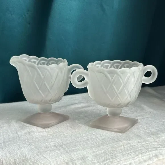 Indiana Glass Frosted Pretzel Pattern Creamer and Sugar Set