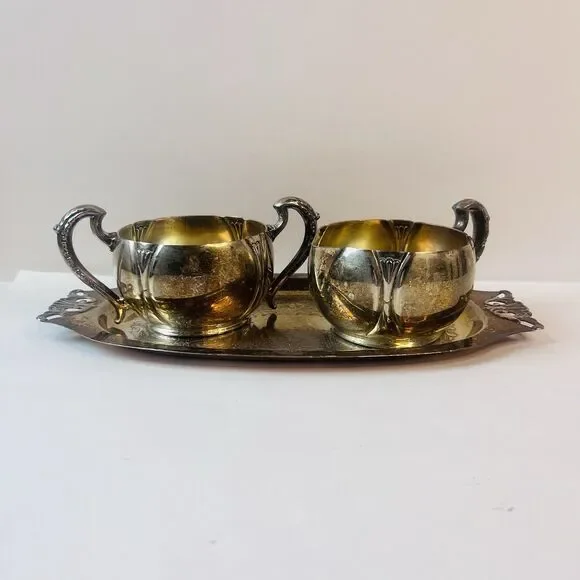 Sliver-Plated Creamer and Sugar Bowl Set with a Matching Tray Unbranded