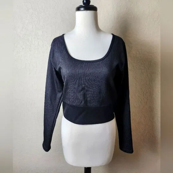Aerie Offline Ribbed Long Sleeve Cropped Top Black Size XXL New