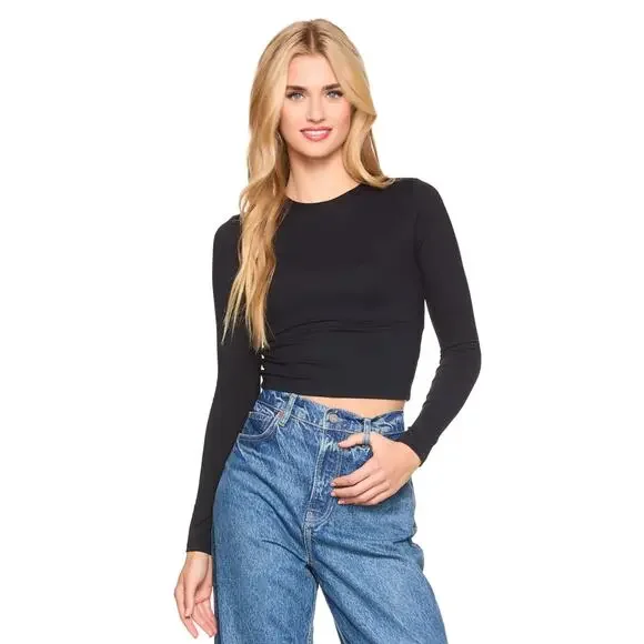 Susana Monaco Long Sleeve Crewneck Crop Top - Black NWT Size Medium