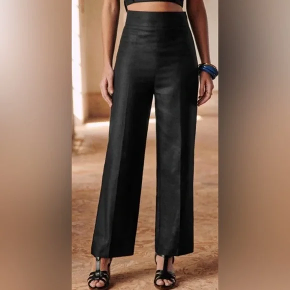 Sezane Jenson Linen Straight Leg Pants Black Size FR46/US 14