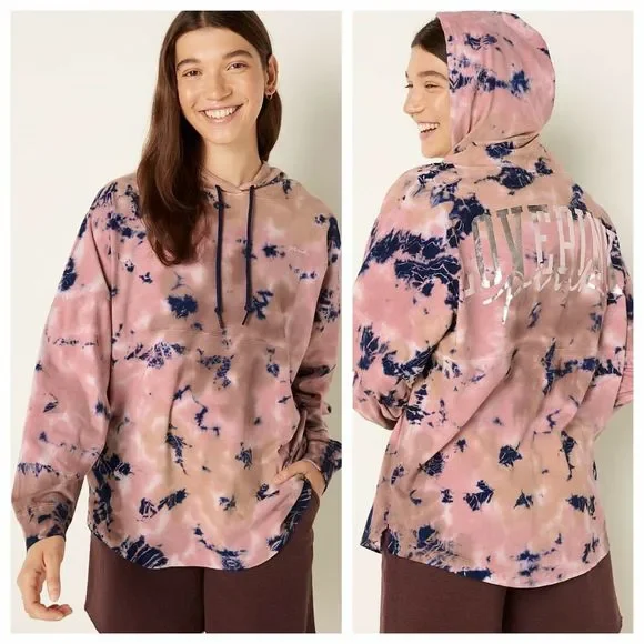VS VICTORIAS SECRET PINK VARSITY PULLOVER HOODIE TEE SWEATER TOP TIE DYE XL