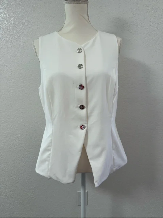 MOA MOA White Woven V-Neck Sleeveless Button Front Vest Women Regular XL