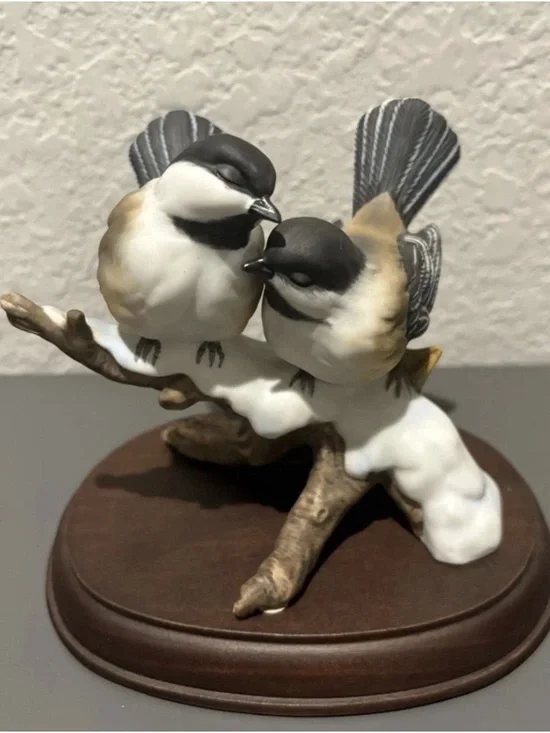 Masterpiece Porcelain Chickadees Bird Figurine 1991 Winter Snow Branch Art Decor