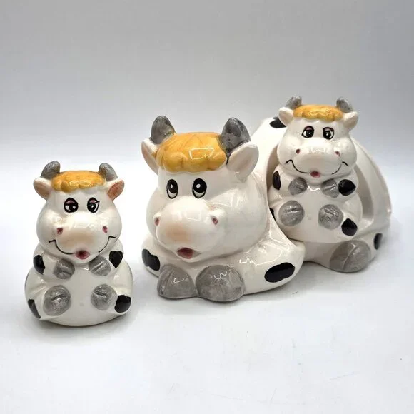 VTG Blonde Cartoon Cow and Babies Salt n Pepper Shakers Napkin Holder Set Taiwan