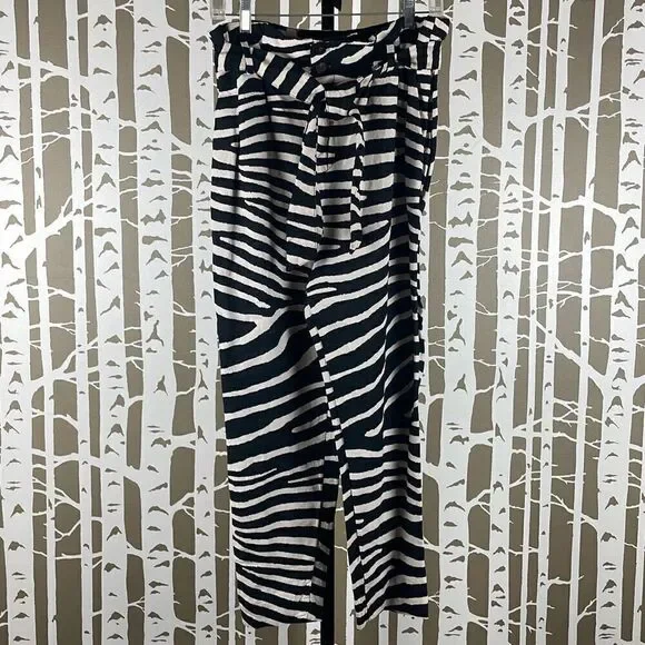 Linen Blend Zebra Print High Rise Paper Bag Waist Tapered Cropped Pants NEW 6