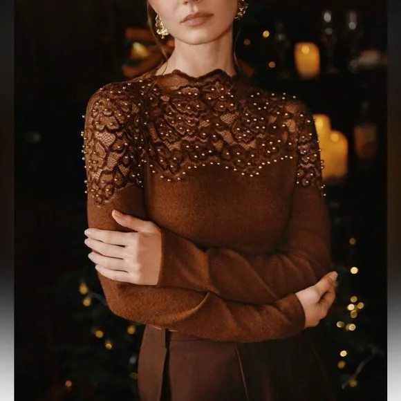 Elegant Brown Lace Top with Gold Accents