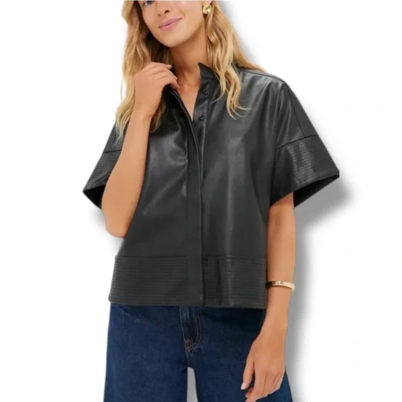 NEW Tuckernuck Sofia Shirt Faux Leather Trapunto Stitch Button Up Black M