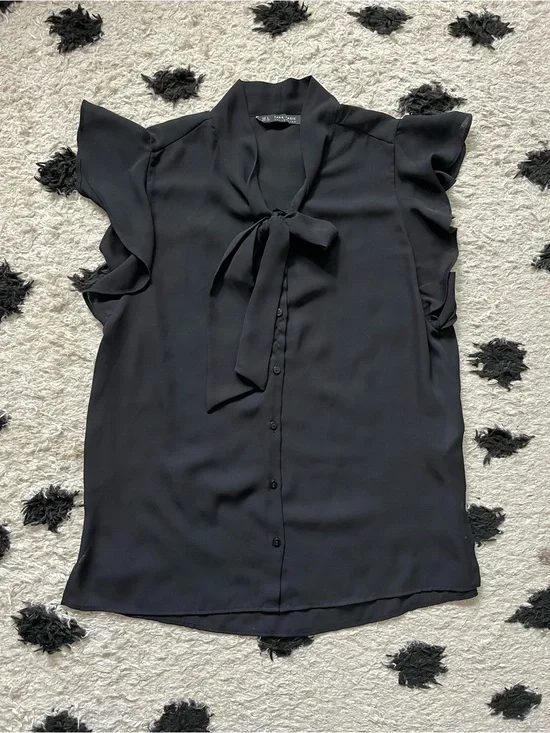 Zara size small black button down short ruffle sleeve with tie neck