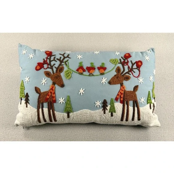 VTG Pier 1 Christmas Reindeer Lumbar Throw Pillow Embroidered Blue