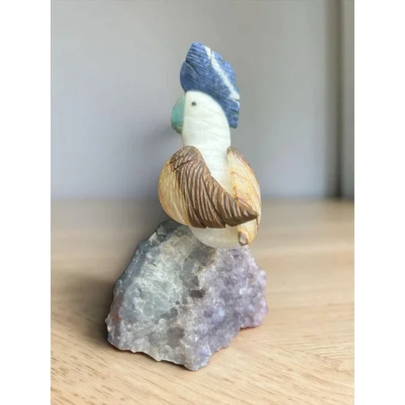 Hand Carved Gemstone Cockatoo Bird Figurine on Amethyst Geode Base 6
