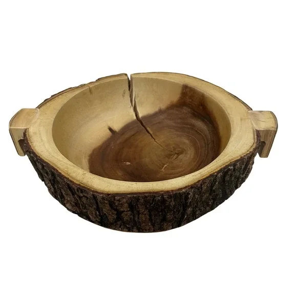 Acacia Collection Handcrafted Live Edge Acacia Wood Bowl with Bark Handles 17in‎