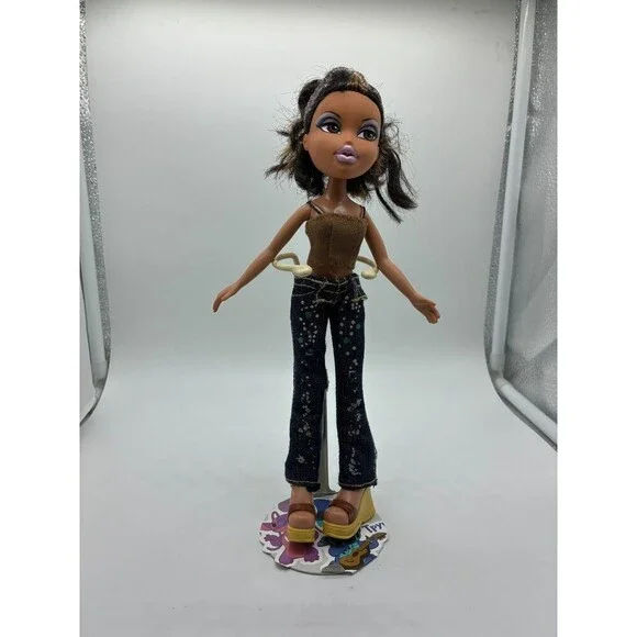Bratz Doll with Dark Hair and Light Highlights Brown Tank Top Jeans and Wedges