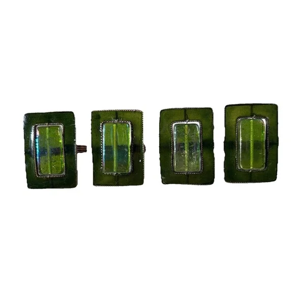 Pier 1 Emerald Green Napkin Rings Glass Jewels Copper Tone Metal 2.25