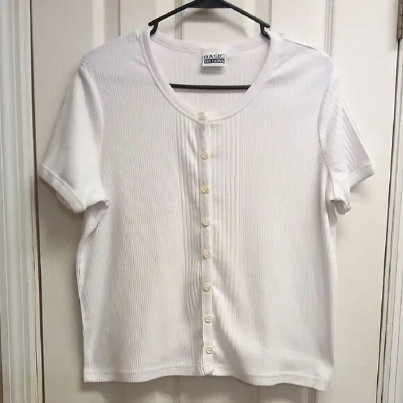 Basic Editions White Button-Up Short Sleeve Mid Cropped Short Sleeve Sweater XL