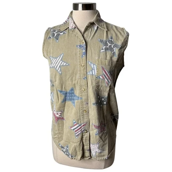 Vintage Quizz New York Americana Star Print Sleeveless Button Up Top Size Small