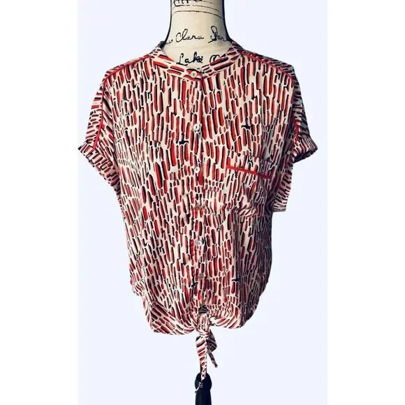 Umgee USA Shirt Women’s Large Red Black Abstract Button Up Tie Front K6122 NWT