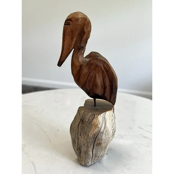 Vtg Hand Carved Wood Pelican Sculpture Driftwood Coastal Nautical Folk Art