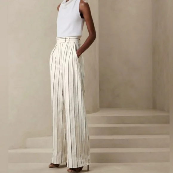 Banana Republic Wide Leg Linen Blend Cream Striped Trousers Size 10p