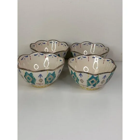 Set Of 4 Hand-Painted Southwest Aztec Boho Ceramic Bowls With Scalloped Edges