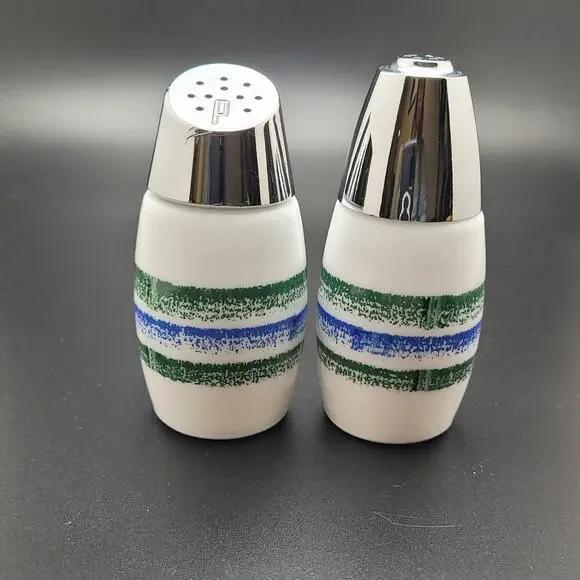 Vintage Gemco 70s Salt Pepper Shakers Stripe Chrome Top Retro Kitchen MCM
