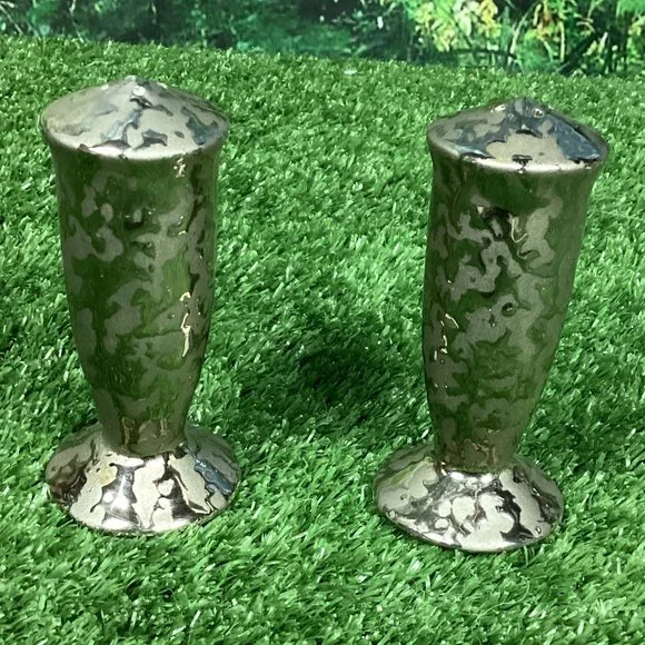 Vintage Salt Pepper Shakers Silver Two Tone Ceramic