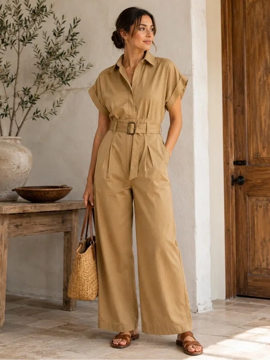 Banana Republic Linen Cotton Utility Jumpsuit Women 4 Tan Belted Wide Leg Safari