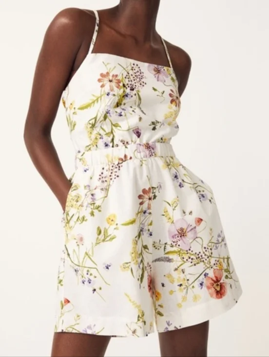 H&M Wildflower‎ Meadow Collection Floral Linen/Organic Cotton Blend Romper SzM