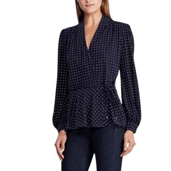 Lauren Ralph Lauren Navy Polka Dot Wrap Look Stretch Top with Peplum V Neck S
