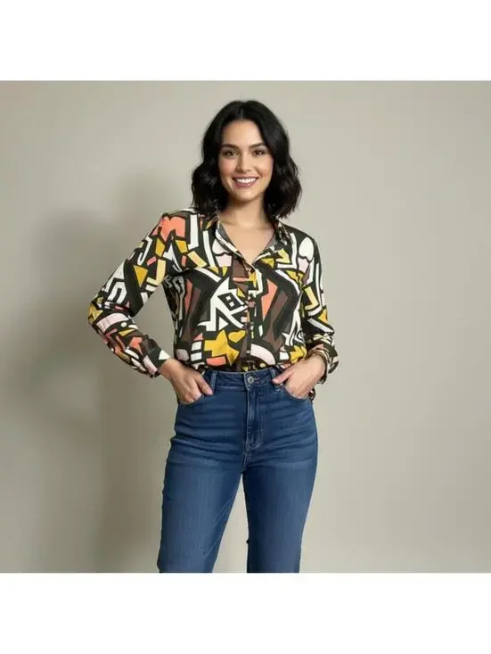 Big Dart Abstract Geometric Print Button-Up Blouse Size 10 Colorful Art-to-Wear