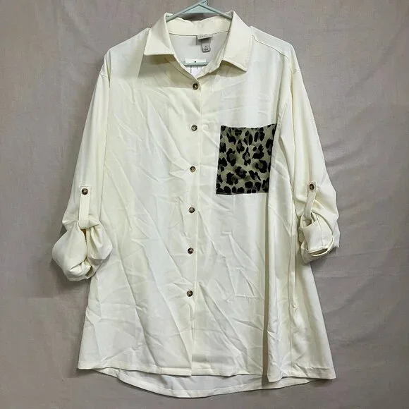 A New Day Women S White Button Down Blouse Shirt Roll Tab Sleeve Leopard Pocket