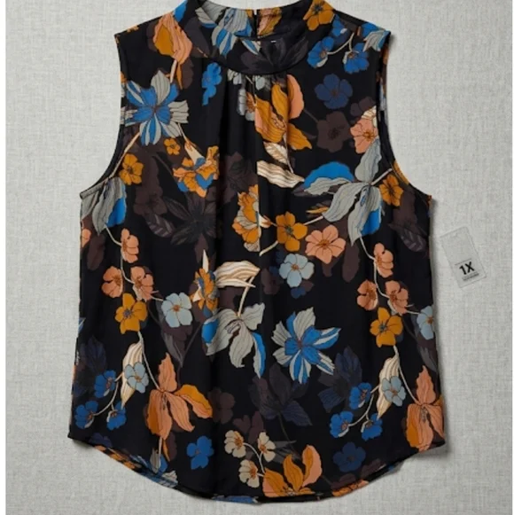 Who What Wear Sheer Sleeveless Blouse Size 1X Navy Floral Chiffon Casual EUC