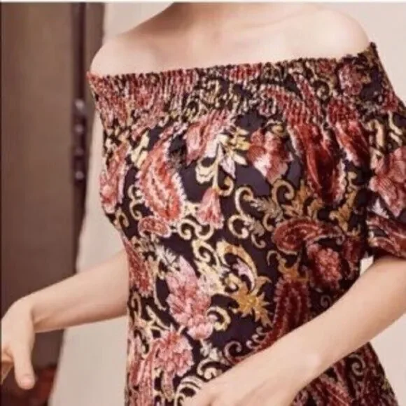 Anthropologie Seen Worn Kept Off the Shoulder Velvet Floral Embossed Top Black M