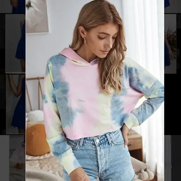 16. Oversized Tie-dye Crop Pullover Hoodie Navy, Pink, Yellow