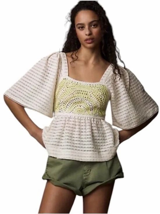 Anthropologie Sarah Hann Flutter-Sleeve Crochet Babydoll Top Size M