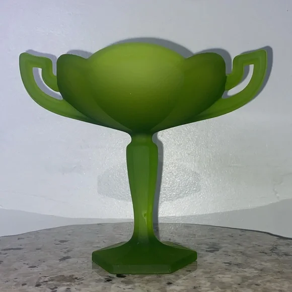 Vintage Westmoreland Avocado Green Satin Glass Pedestal Compote Candy Dish