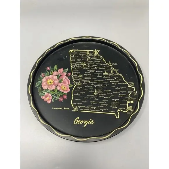 Vintage Toleway Serving Tray Georgia Cherokee Rose Black Gold Color With Flowers