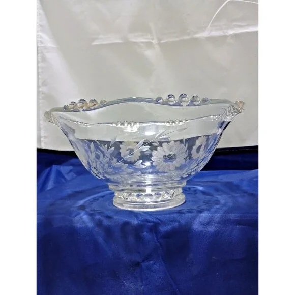 W.J. Hughes Cornflower Etched Glass Bowl Imperial Glass Candlewick Pattern VTG
