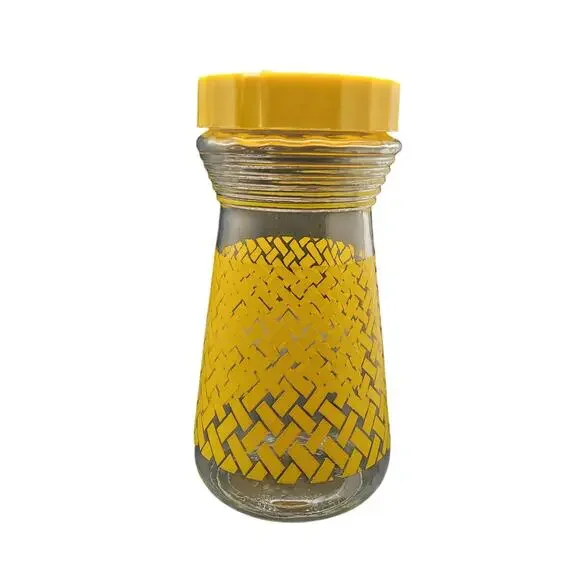 Vintage Yellow Woven Glass Pitcher Plastic Lid Mid Century Lemonade Retro
