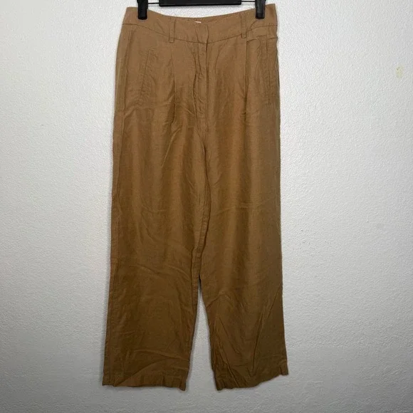 Wilfred Aritzia Linen Blend Wide Leg Pleated Trousers Brown Tan Size 4