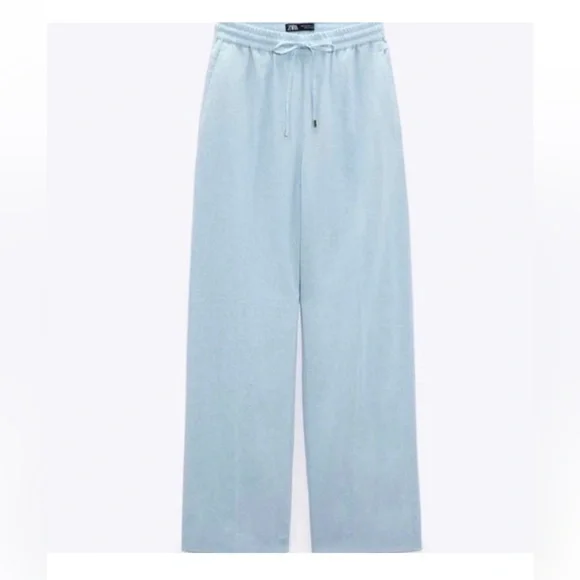 Zara Linen Blend Elastic Drawstring Waist Pocketed Pull On Pants SMALL